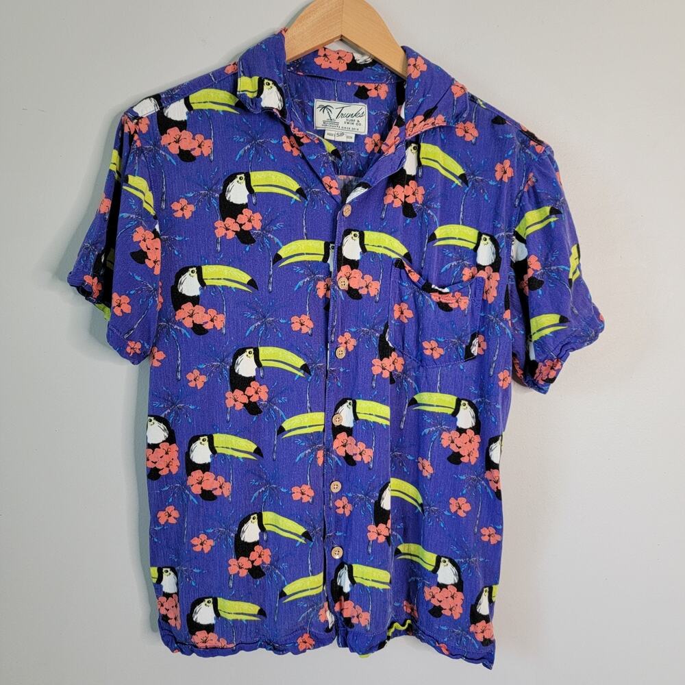 Toucan Hawaiian Blue Button Shirt Mens S Parrot Tropical Florida Vacation Trunks